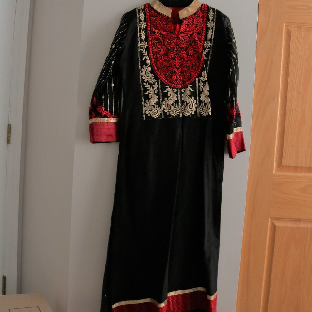Black Red and Gold Embroidered Long Shalwar Kameez
